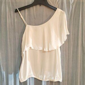 Forever 21 Blouse One Shoulder Ruffle Sheer White with Adjustable Side Strap